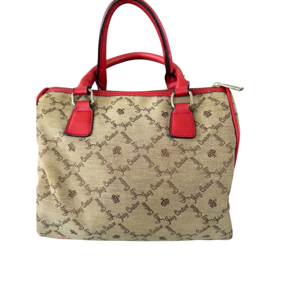 Juicy Couture Tan Red Logo Canvas Satchel Handbag Heart Charm Y2K Style - Picture 3 of 9